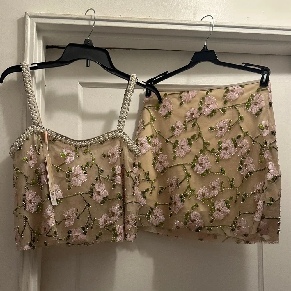 Elegant Floral Embroidered Skirt Set in Cream, Green and Pink